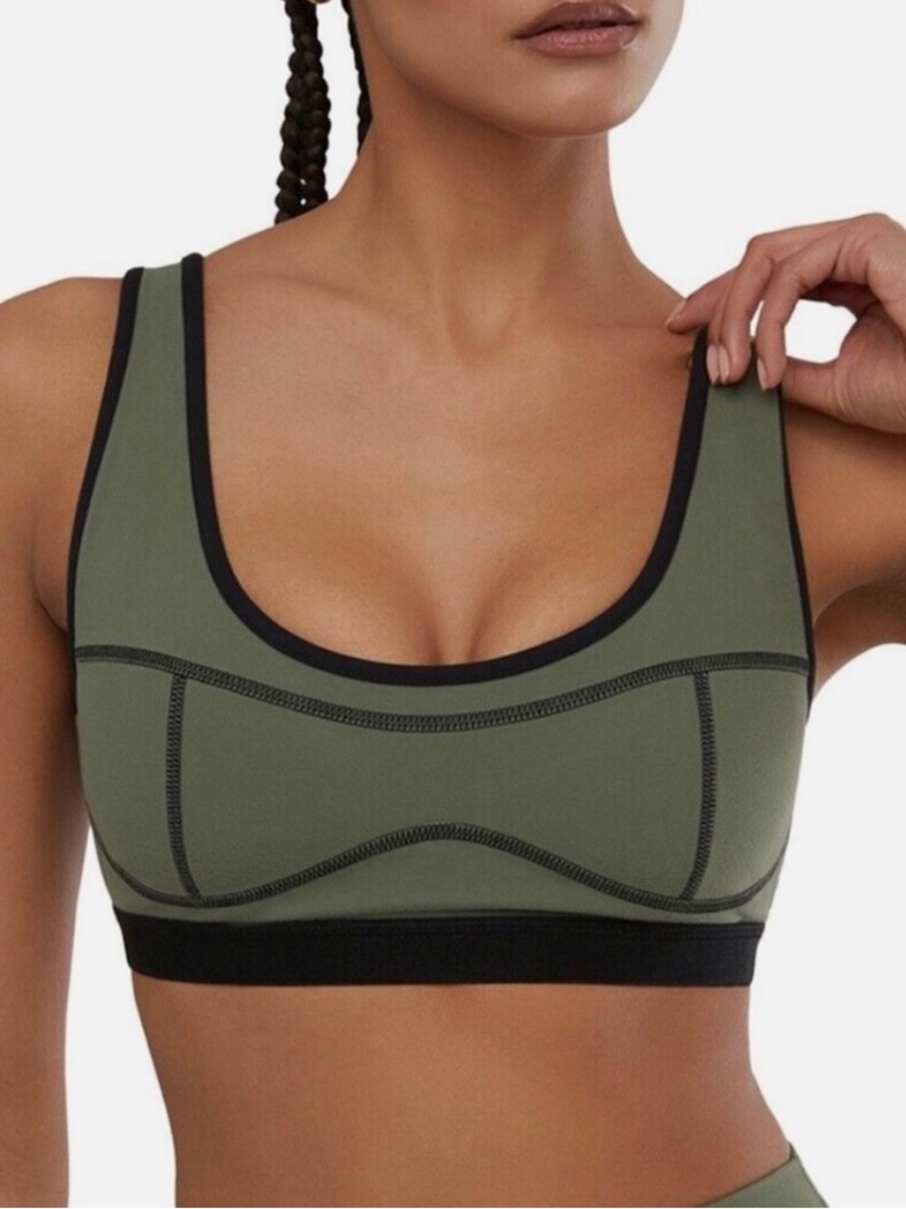 NWT- WeWoreWhat Olive Green Scoop Sports Bra with Black Trim